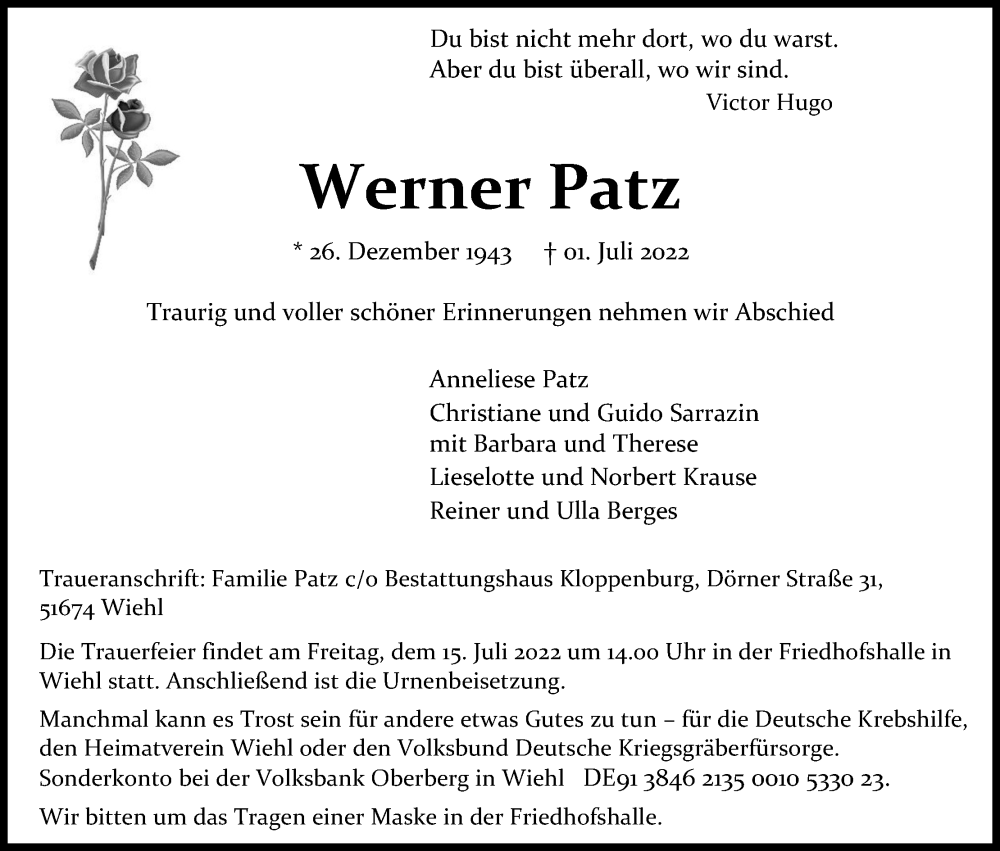  Traueranzeige für Werner Patz vom 09.07.2022 aus Kölner Stadt-Anzeiger / Kölnische Rundschau / Express