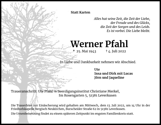 Anzeige von Werner Pfahl von Kölner Stadt-Anzeiger / Kölnische Rundschau / Express