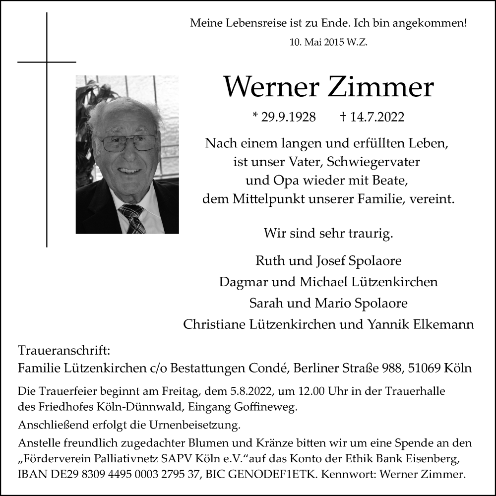  Traueranzeige für Werner Zimmer vom 30.07.2022 aus Kölner Stadt-Anzeiger / Kölnische Rundschau / Express