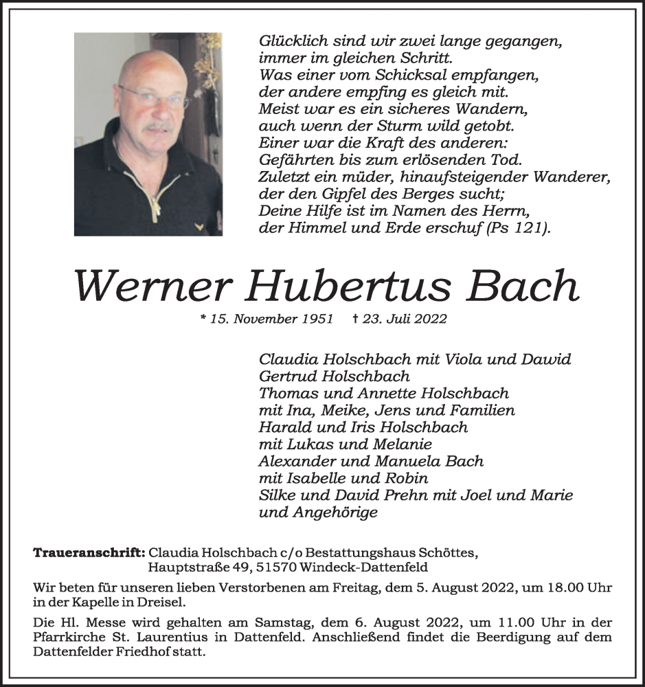  Traueranzeige für Werner Hubertus Bach vom 30.07.2022 aus Kölner Stadt-Anzeiger / Kölnische Rundschau / Express