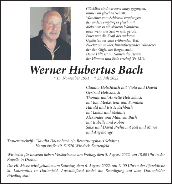 Anzeige von Werner Hubertus Bach von  Lokalanzeiger 