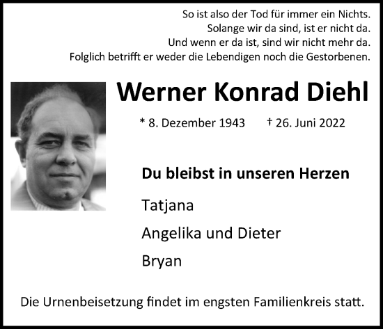 Anzeige von Werner Konrad Diehl von Kölner Stadt-Anzeiger / Kölnische Rundschau / Express