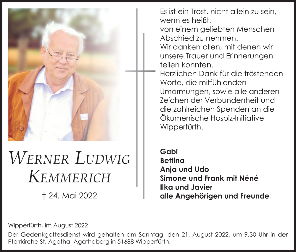  Traueranzeige für Werner Ludwig Kemmerich vom 30.07.2022 aus Kölner Stadt-Anzeiger / Kölnische Rundschau / Express