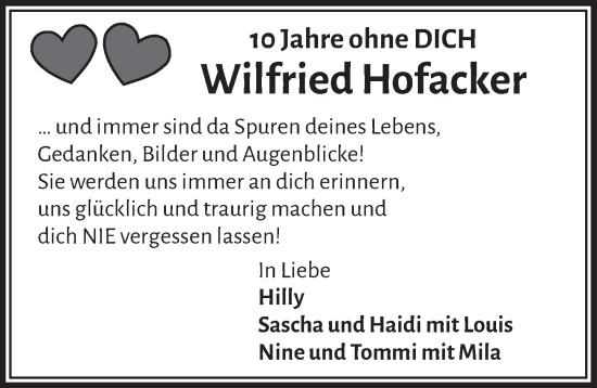 Anzeige von Wilfried Hofacker von  Anzeigen Echo  Lokalanzeiger 