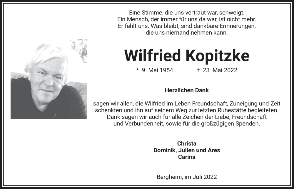  Traueranzeige für Wilfried Kopitzke vom 08.07.2022 aus  Werbepost 