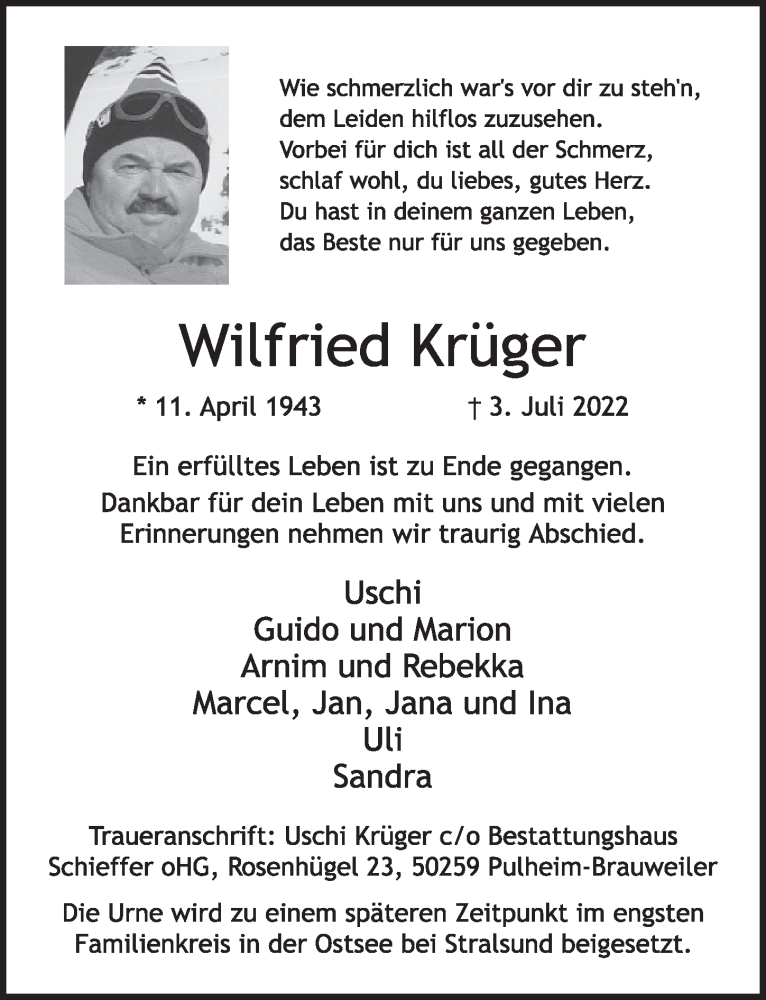  Traueranzeige für Wilfried Krüger vom 15.07.2022 aus  Werbepost 