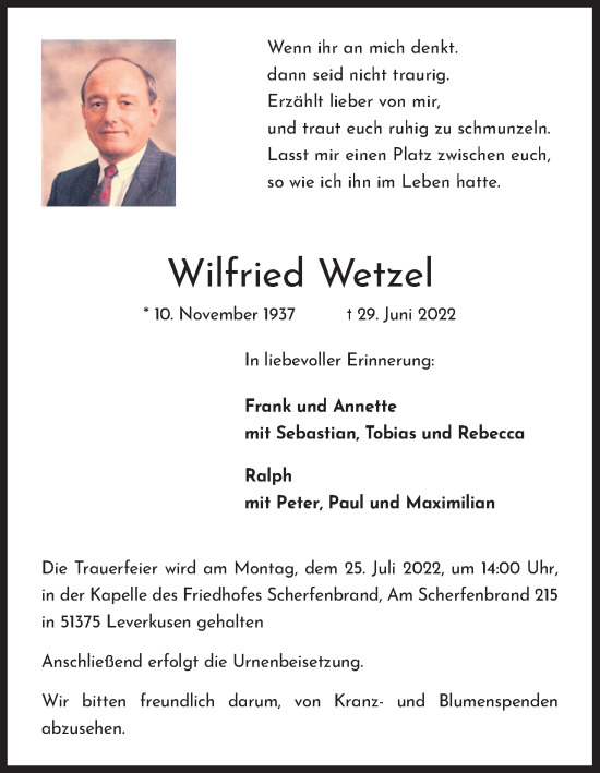Anzeige von Wilfried Wetzel von Kölner Stadt-Anzeiger / Kölnische Rundschau / Express