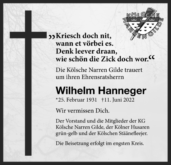 Anzeige von Wilhelm Hanneger von Kölner Stadt-Anzeiger / Kölnische Rundschau / Express