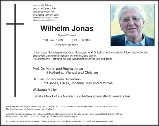 Anzeige von Wilhelm Jonas von Kölner Stadt-Anzeiger / Kölnische Rundschau / Express