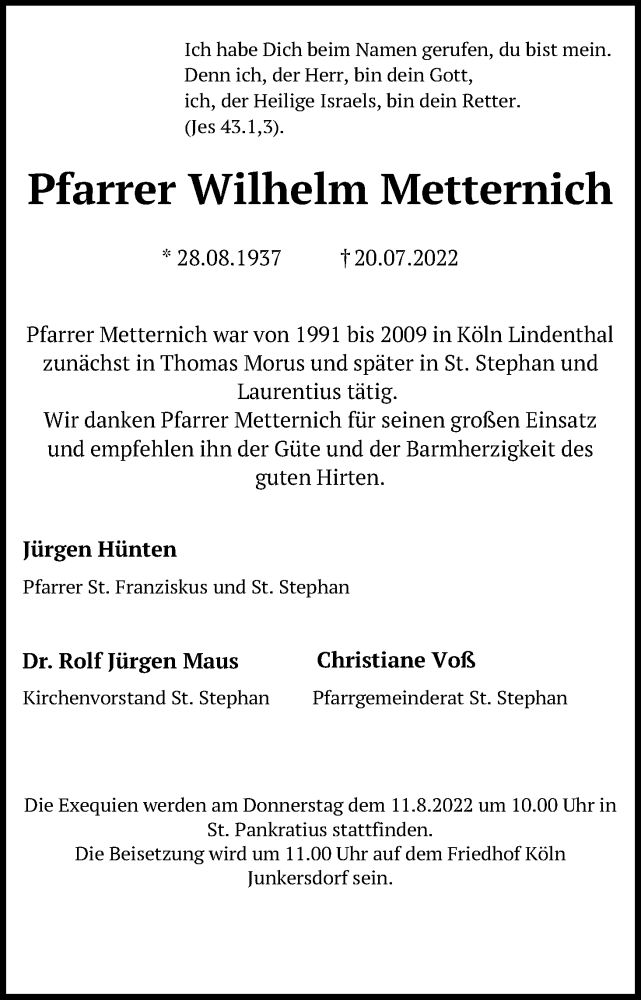  Traueranzeige für Wilhelm Metternich vom 30.07.2022 aus Kölner Stadt-Anzeiger / Kölnische Rundschau / Express