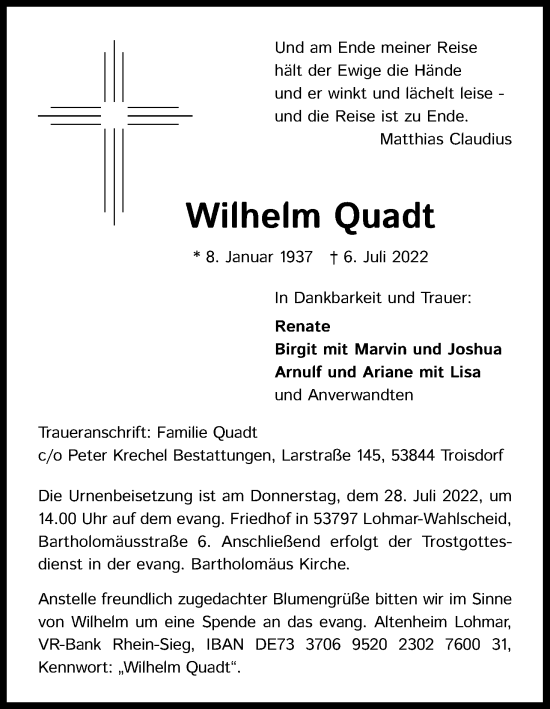 Anzeige von Wilhelm Quadt von Kölner Stadt-Anzeiger / Kölnische Rundschau / Express