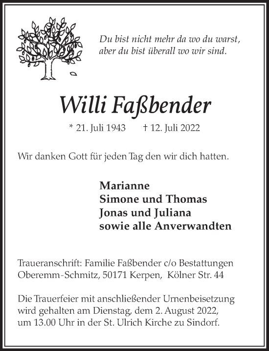 Anzeige von Willi Faßbender von  Werbepost 