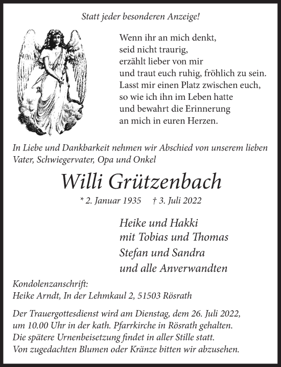Anzeige von Willi Grützenbach von  Bergisches Handelsblatt 