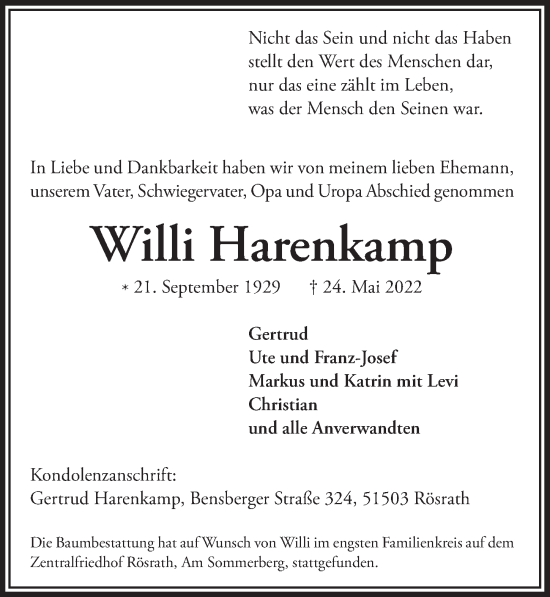 Anzeige von Willi Harenkamp von  Bergisches Handelsblatt 