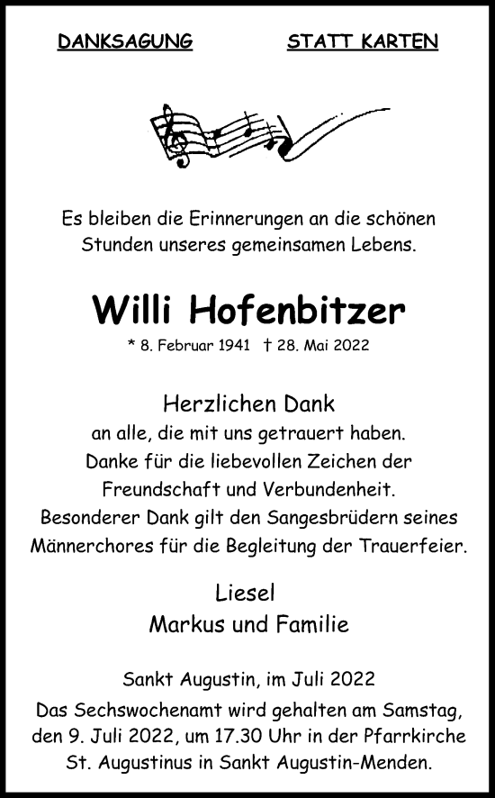 Anzeige von Willi Hofenbitzer von Kölner Stadt-Anzeiger / Kölnische Rundschau / Express