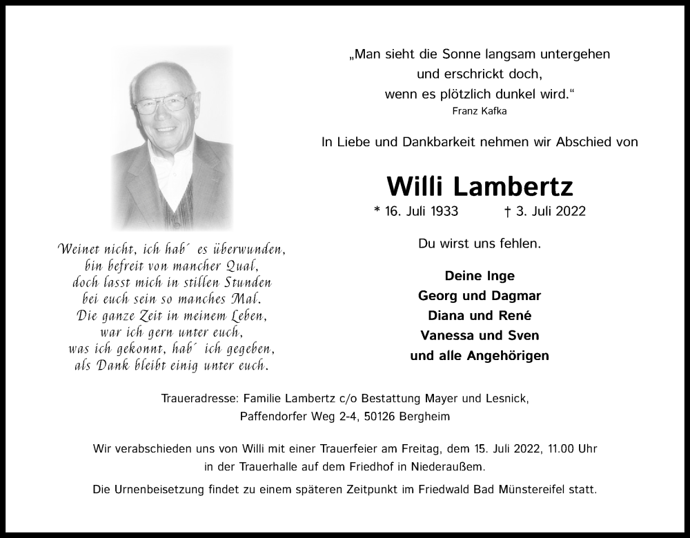  Traueranzeige für Willi Lambertz vom 09.07.2022 aus Kölner Stadt-Anzeiger / Kölnische Rundschau / Express