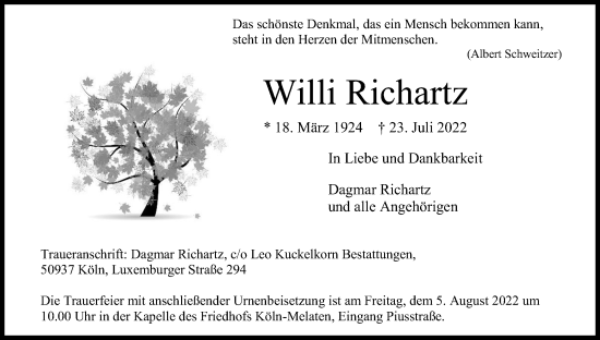Anzeige von Willi Richartz von Kölner Stadt-Anzeiger / Kölnische Rundschau / Express