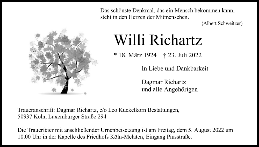  Traueranzeige für Willi Richartz vom 30.07.2022 aus Kölner Stadt-Anzeiger / Kölnische Rundschau / Express