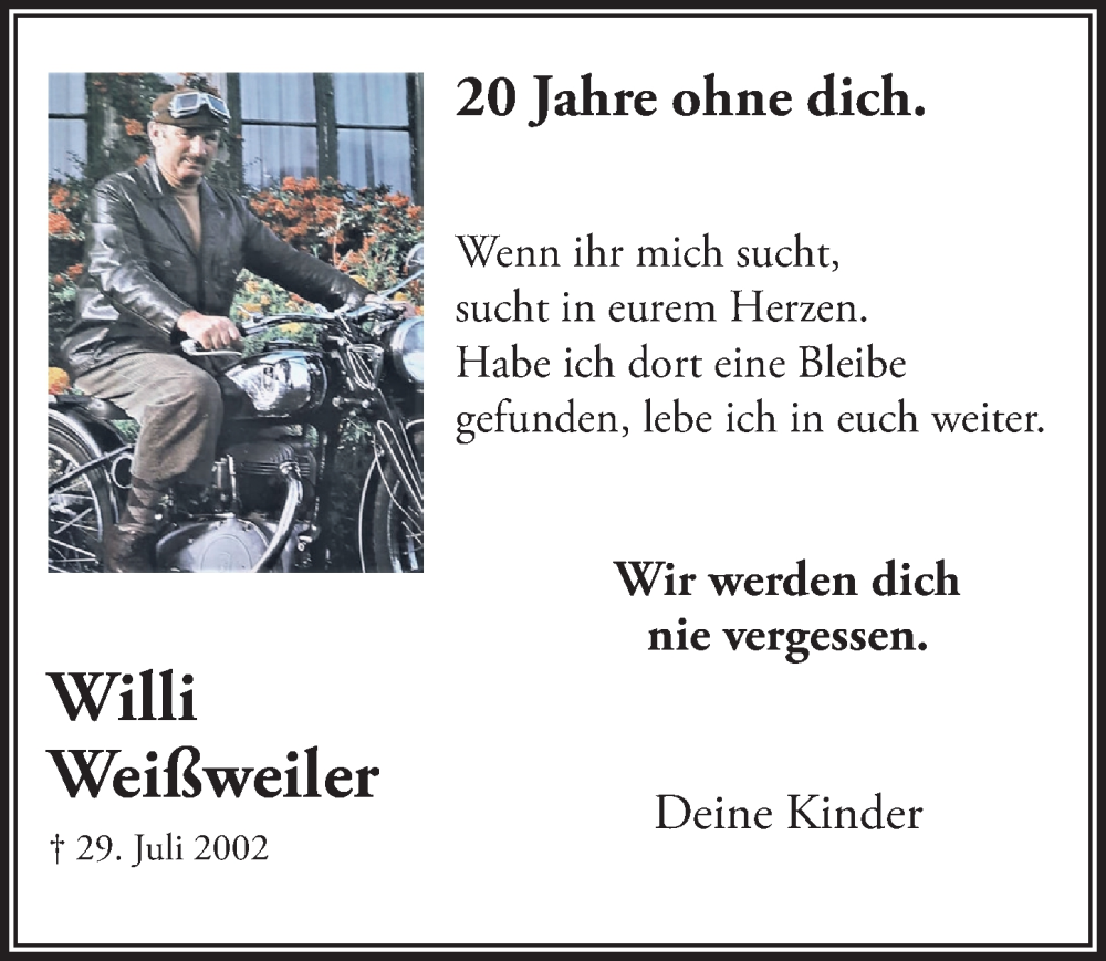  Traueranzeige für Willi Weißweiler vom 30.07.2022 aus  Blickpunkt Euskirchen 