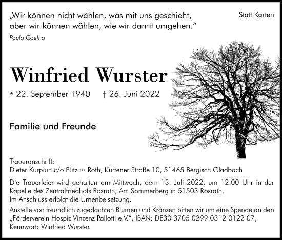 Anzeige von Winfried Wurster von Kölner Stadt-Anzeiger / Kölnische Rundschau / Express