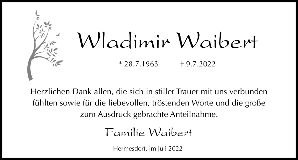  Traueranzeige für Wladimir Waibert vom 22.07.2022 aus  Lokalanzeiger 