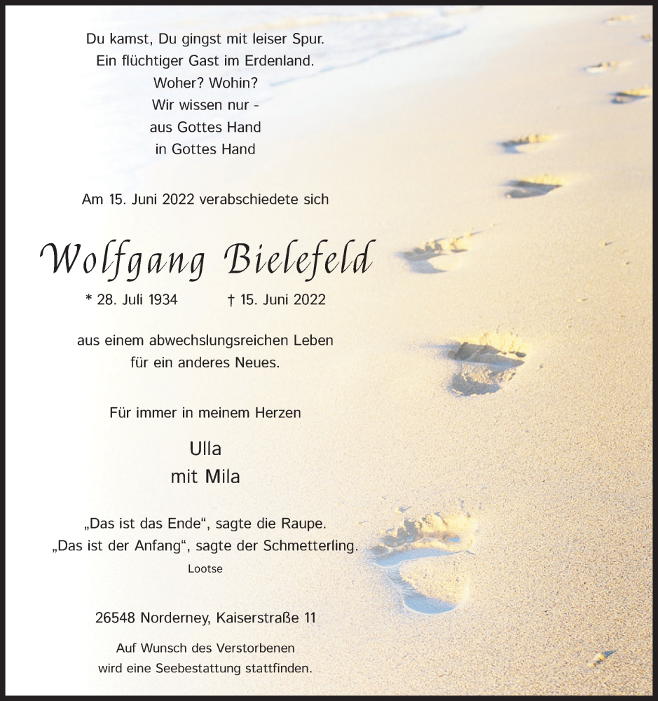  Traueranzeige für Wolfgang Bielefeld vom 02.07.2022 aus Kölner Stadt-Anzeiger / Kölnische Rundschau / Express