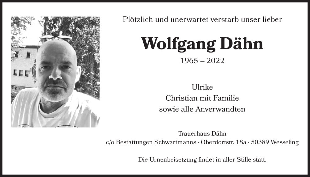  Traueranzeige für Wolfgang Dähn vom 29.07.2022 aus  Wochenende 