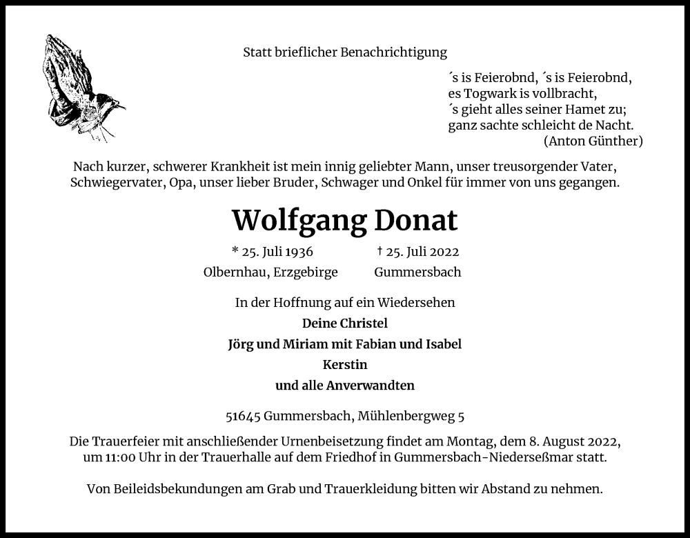  Traueranzeige für Wolfgang Donat vom 30.07.2022 aus Kölner Stadt-Anzeiger / Kölnische Rundschau / Express