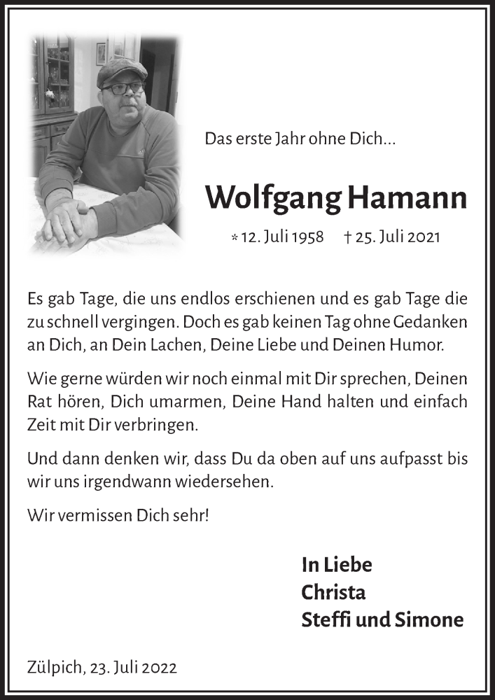  Traueranzeige für Wolfgang Hamann vom 23.07.2022 aus  Blickpunkt Euskirchen 