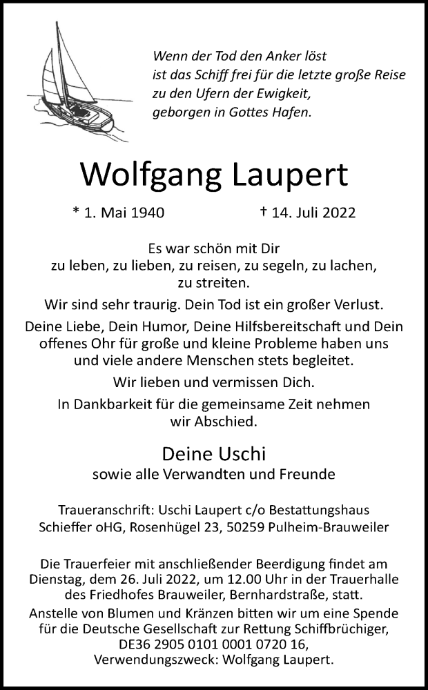  Traueranzeige für Wolfgang Laupert vom 23.07.2022 aus Kölner Stadt-Anzeiger / Kölnische Rundschau / Express