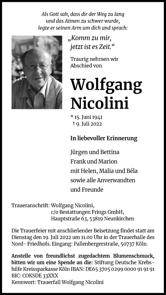 Anzeige von Wolfgang Nicolini von Kölner Stadt-Anzeiger / Kölnische Rundschau / Express