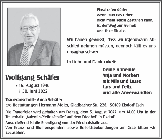 Anzeige von Wolfgang Schäfer von  Werbepost 