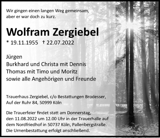 Anzeige von Wolfram Zergiebel von Kölner Stadt-Anzeiger / Kölnische Rundschau / Express