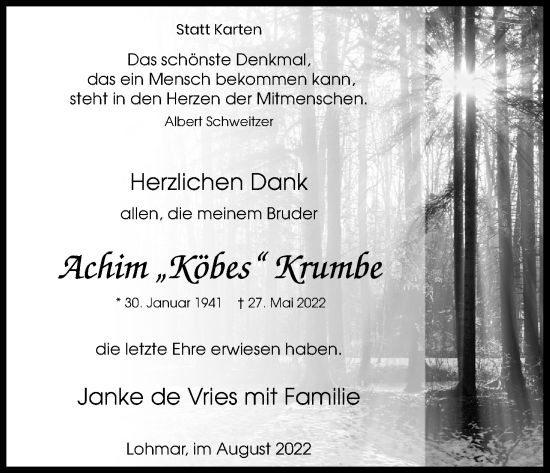 Anzeige von Achim Krumbe von Kölner Stadt-Anzeiger / Kölnische Rundschau / Express
