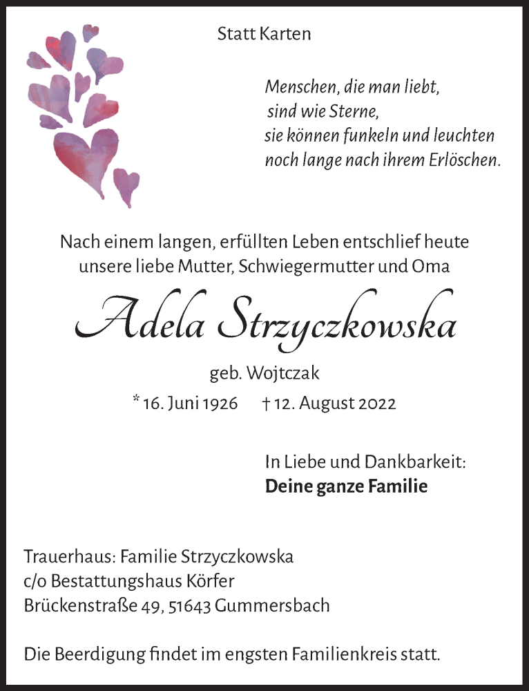  Traueranzeige für Adela Strzyczkowska vom 19.08.2022 aus  Anzeigen Echo 
