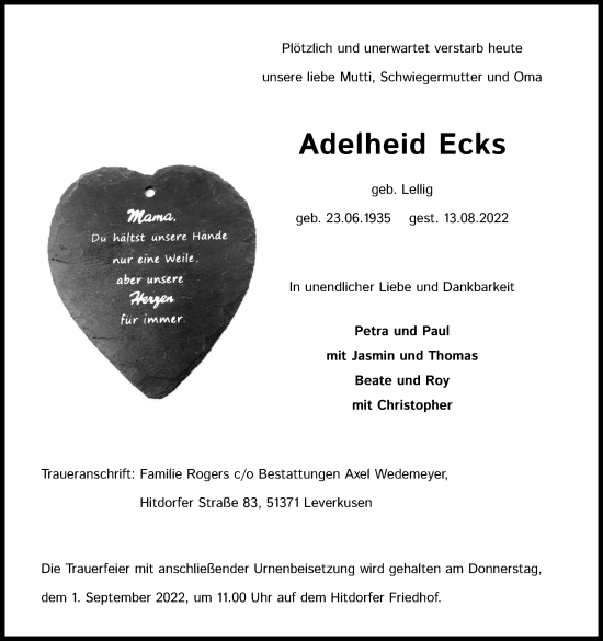 Anzeige von Adelheid Ecks von Kölner Stadt-Anzeiger / Kölnische Rundschau / Express