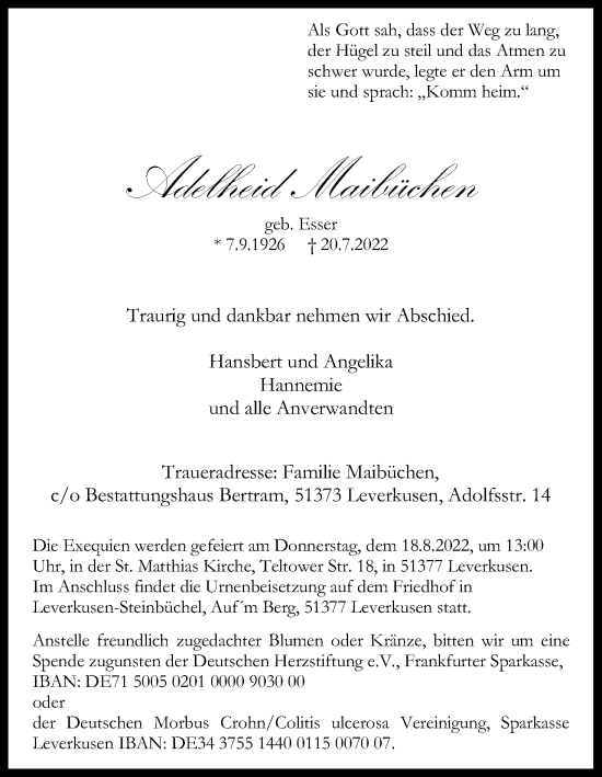 Anzeige von Adelheid Maibüchen von Kölner Stadt-Anzeiger / Kölnische Rundschau / Express