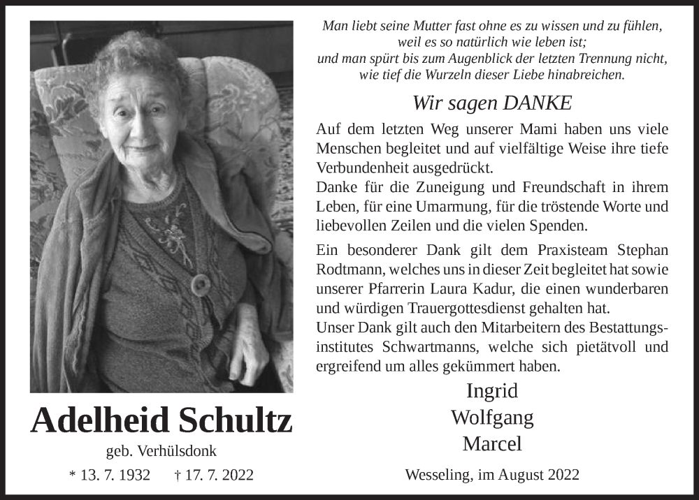  Traueranzeige für Adelheid Schultz vom 19.08.2022 aus  Schlossbote/Werbekurier 
