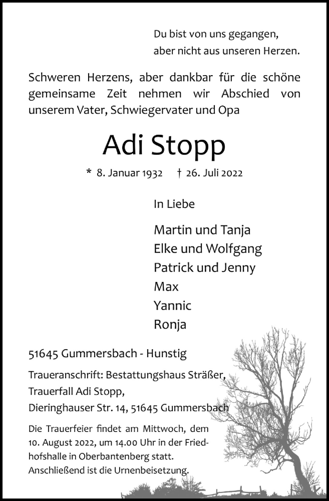  Traueranzeige für Adi Stopp vom 05.08.2022 aus  Anzeigen Echo 