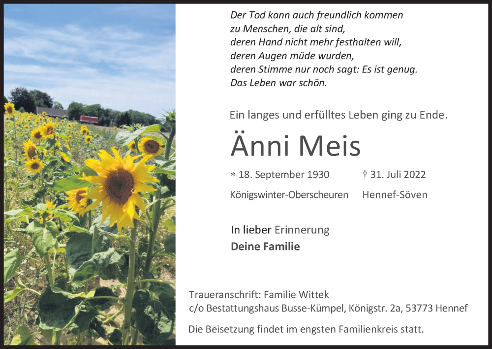  Traueranzeige für Änni Meis vom 13.08.2022 aus Kölner Stadt-Anzeiger / Kölnische Rundschau / Express