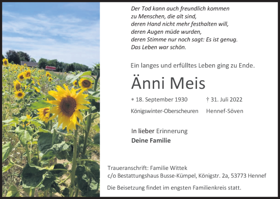 Anzeige von Änni Meis von Kölner Stadt-Anzeiger / Kölnische Rundschau / Express