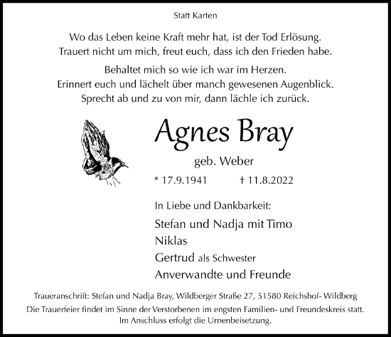 Anzeige von Agnes Bray von  Lokalanzeiger 