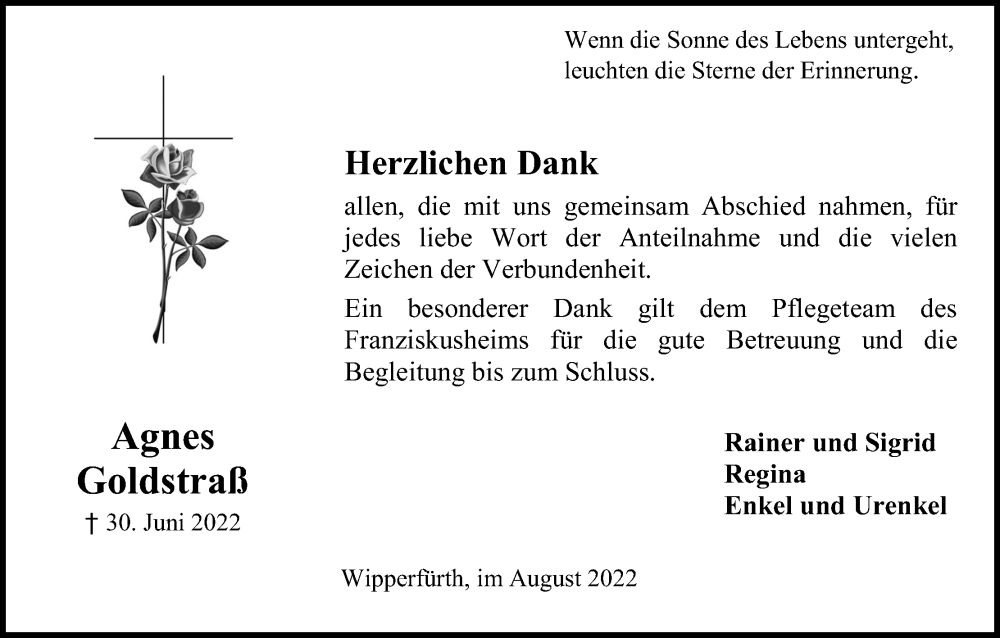  Traueranzeige für Agnes Goldstraß vom 20.08.2022 aus Kölner Stadt-Anzeiger / Kölnische Rundschau / Express