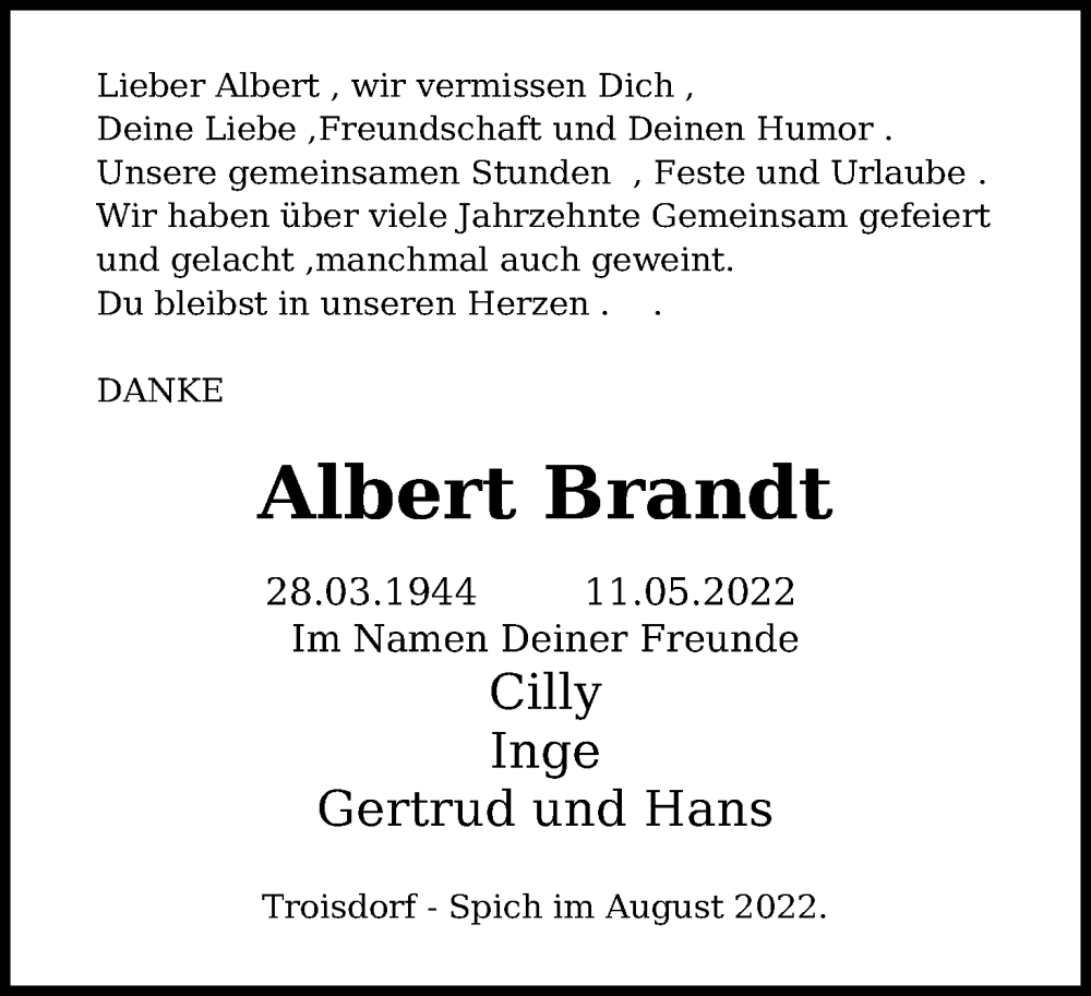  Traueranzeige für Albert Brandt vom 06.08.2022 aus Kölner Stadt-Anzeiger / Kölnische Rundschau / Express