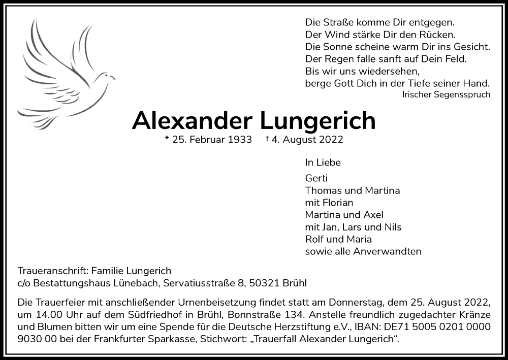  Traueranzeige für Alexander Lungerich vom 13.08.2022 aus Kölner Stadt-Anzeiger / Kölnische Rundschau / Express