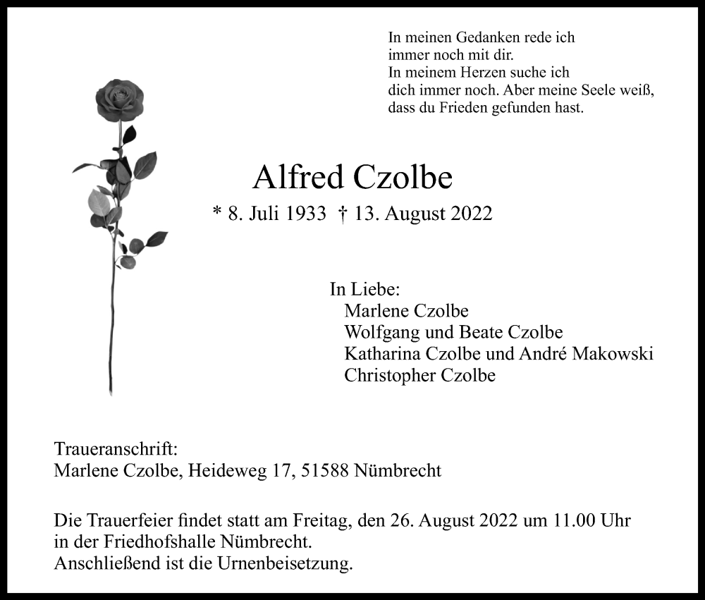  Traueranzeige für Alfred Czolbe vom 20.08.2022 aus Kölner Stadt-Anzeiger / Kölnische Rundschau / Express