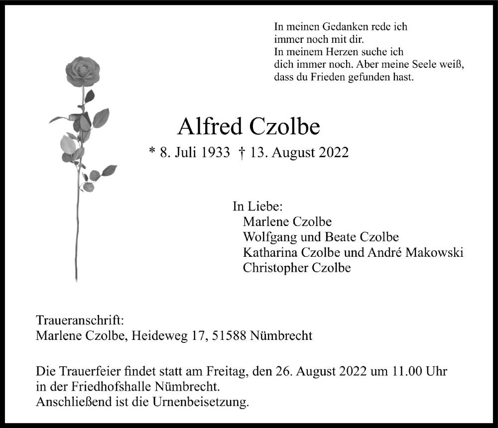  Traueranzeige für Alfred Czolbe vom 19.08.2022 aus  Lokalanzeiger 