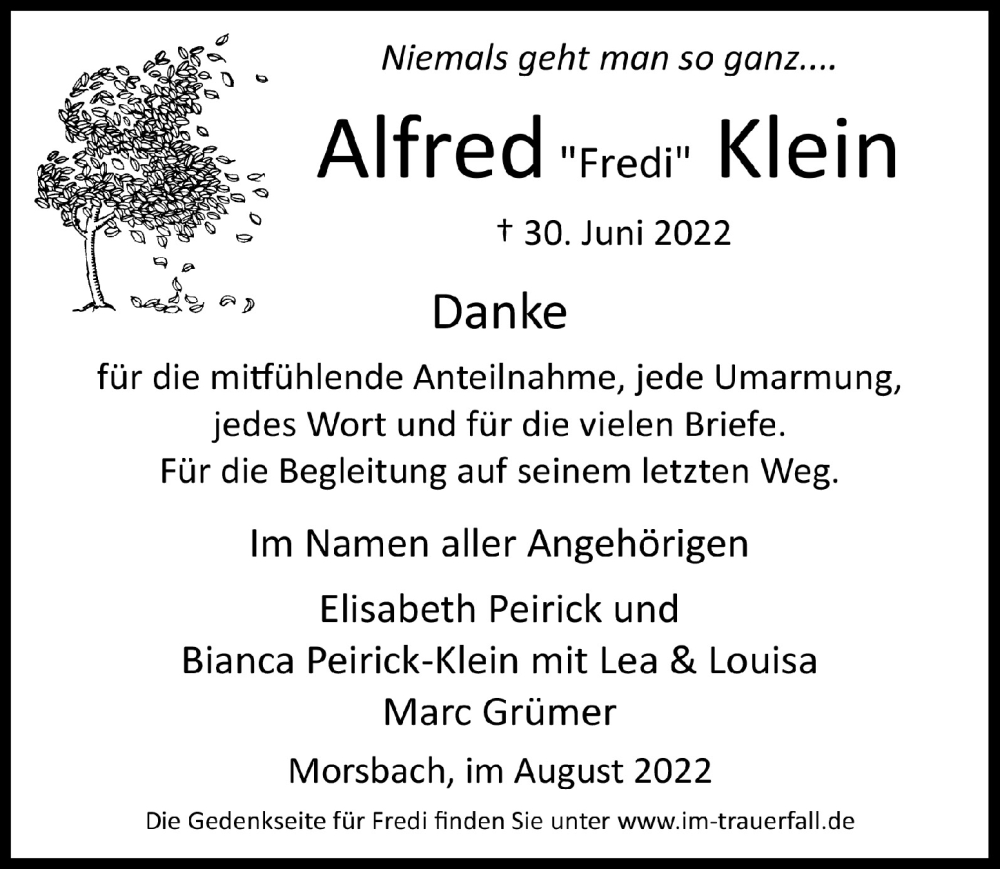  Traueranzeige für Alfred Klein vom 12.08.2022 aus  Lokalanzeiger 