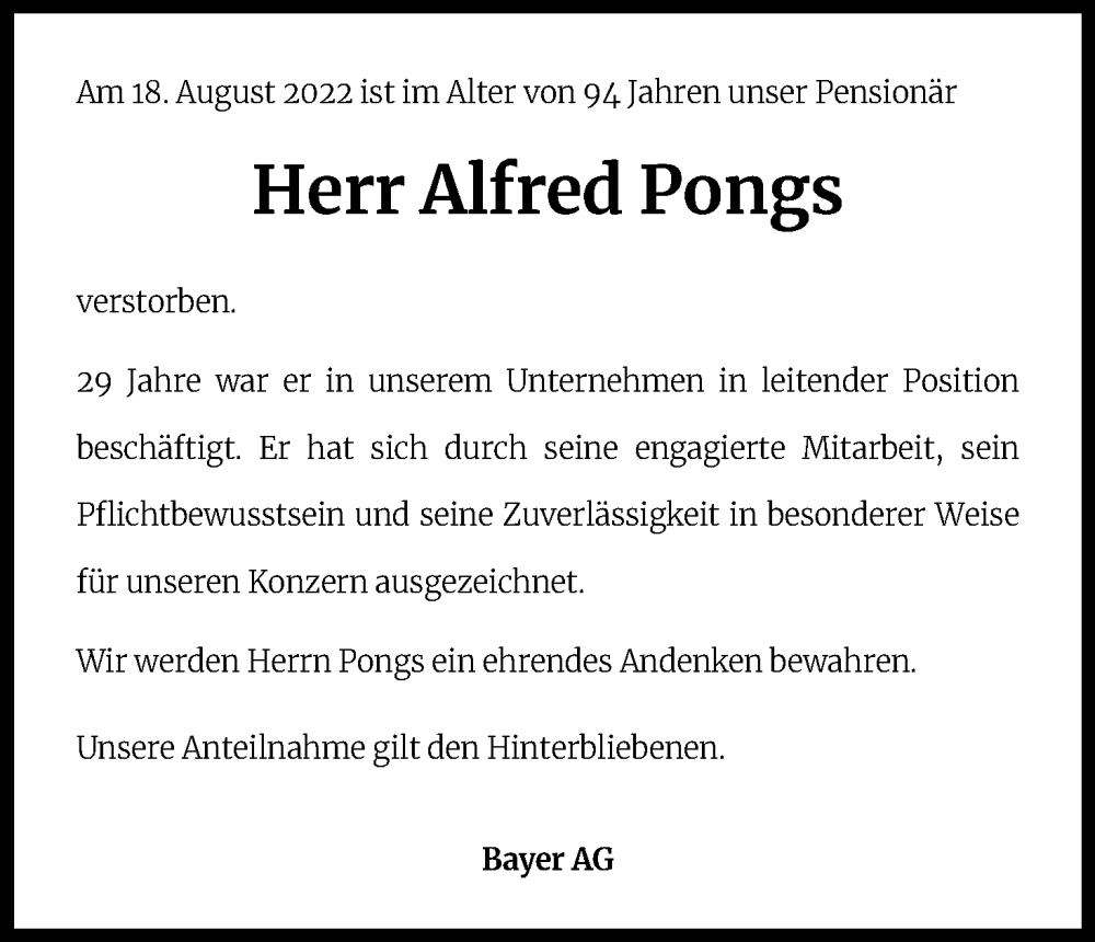  Traueranzeige für Alfred Pongs vom 31.08.2022 aus Kölner Stadt-Anzeiger / Kölnische Rundschau / Express