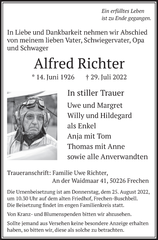 Anzeige von Alfred Richter von  Wochenende 